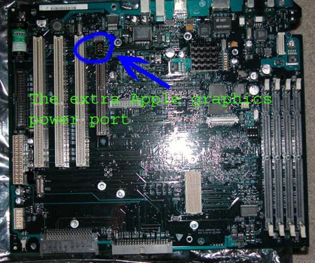 A 2000s Apple G4 logic board, graphics power annotated